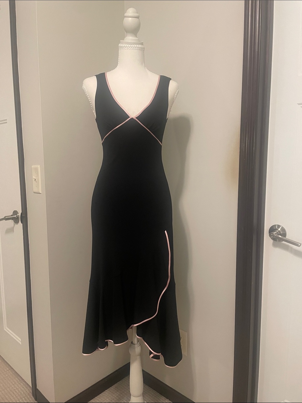 Black High-Low Midi Dress with Pink Trim